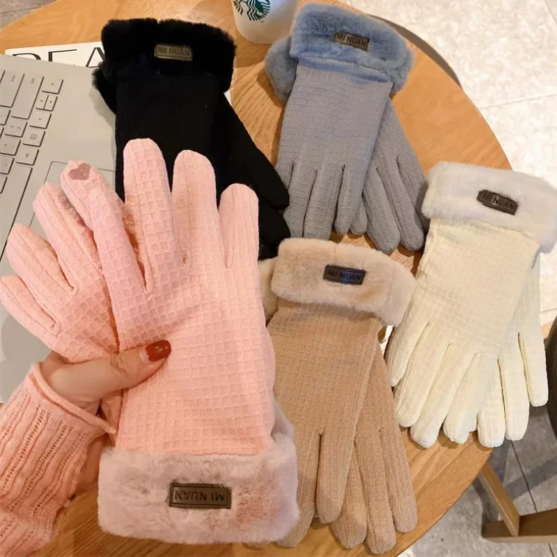 

Furry Warm Full Finger Gloves Women Autumn Winter Outdoor Coldproof Thicken Themal Mittens Non-Slip Touchscreen Driving Gloves