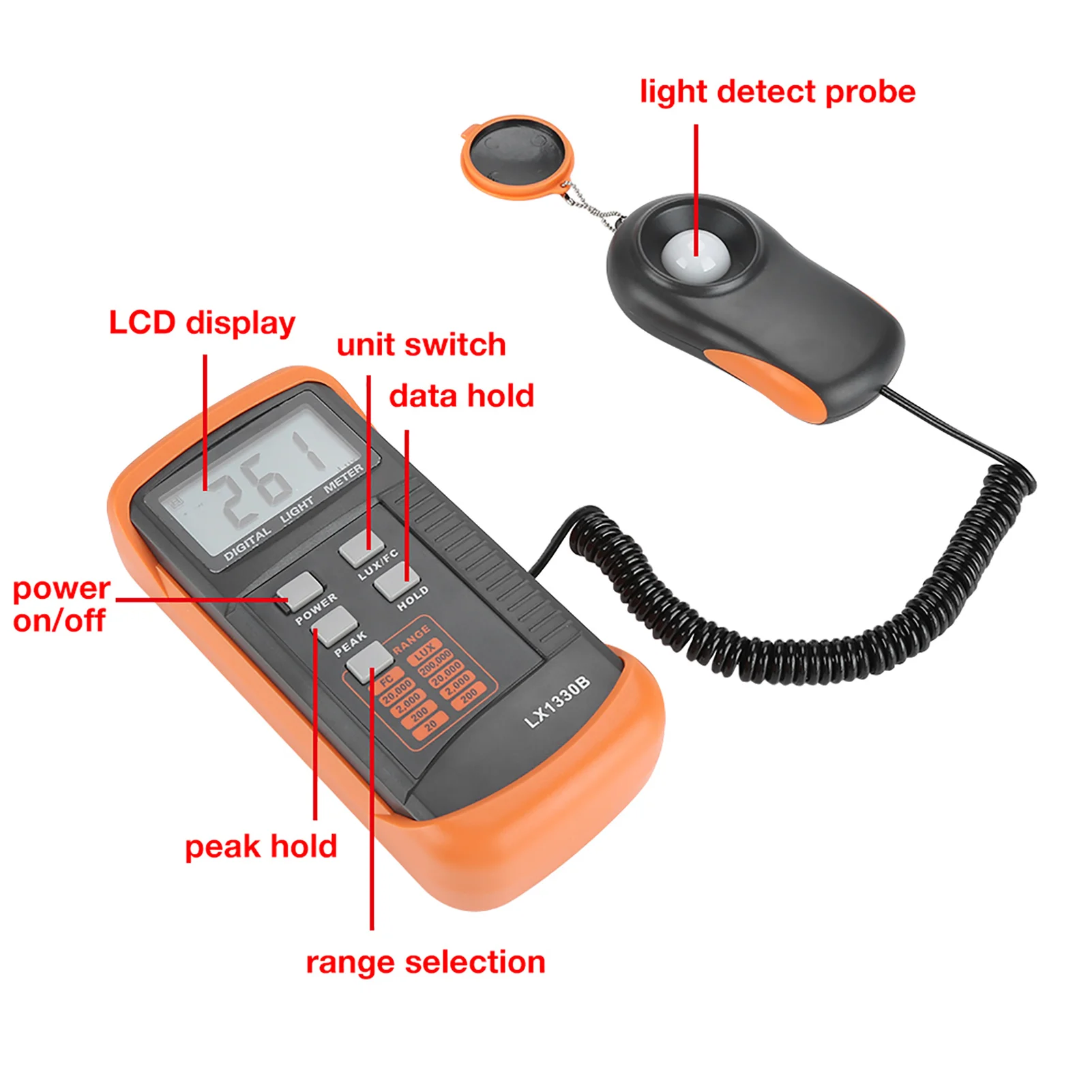 0-200 000 Lux Test Illuminomètre Illuminomètre Luxmètre Testeur d'éclairage LX1330B Luxmètre numérique Écran LCD Compteur de lumière