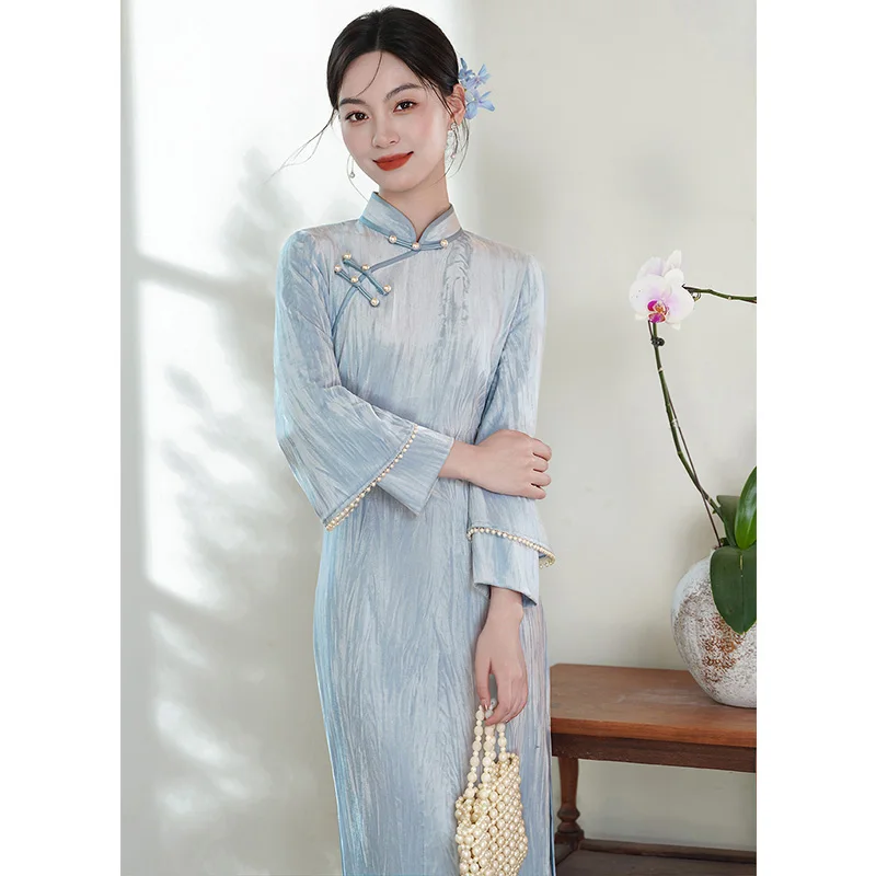 Chinese Traditional Mandarin Collar Qipao Blue Elegant Party Dresses Lace Vintage Button Vestidos Summer New Exquisite Chesongam