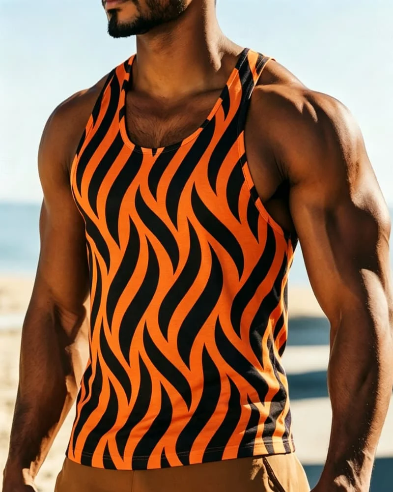 Men's Retro Distressed Wave Stripe Print Sleeveless Tank, for Gym Training, Streetwear, Weekend Getaways & Casual Looks