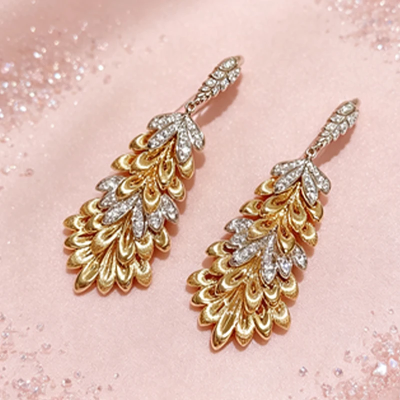 Huitan Brilliant Leaf Drop Earrings Chic Noble Opulent Two-tone Piercing Accessories Exquisite Temperament Wedding Party Jewelry