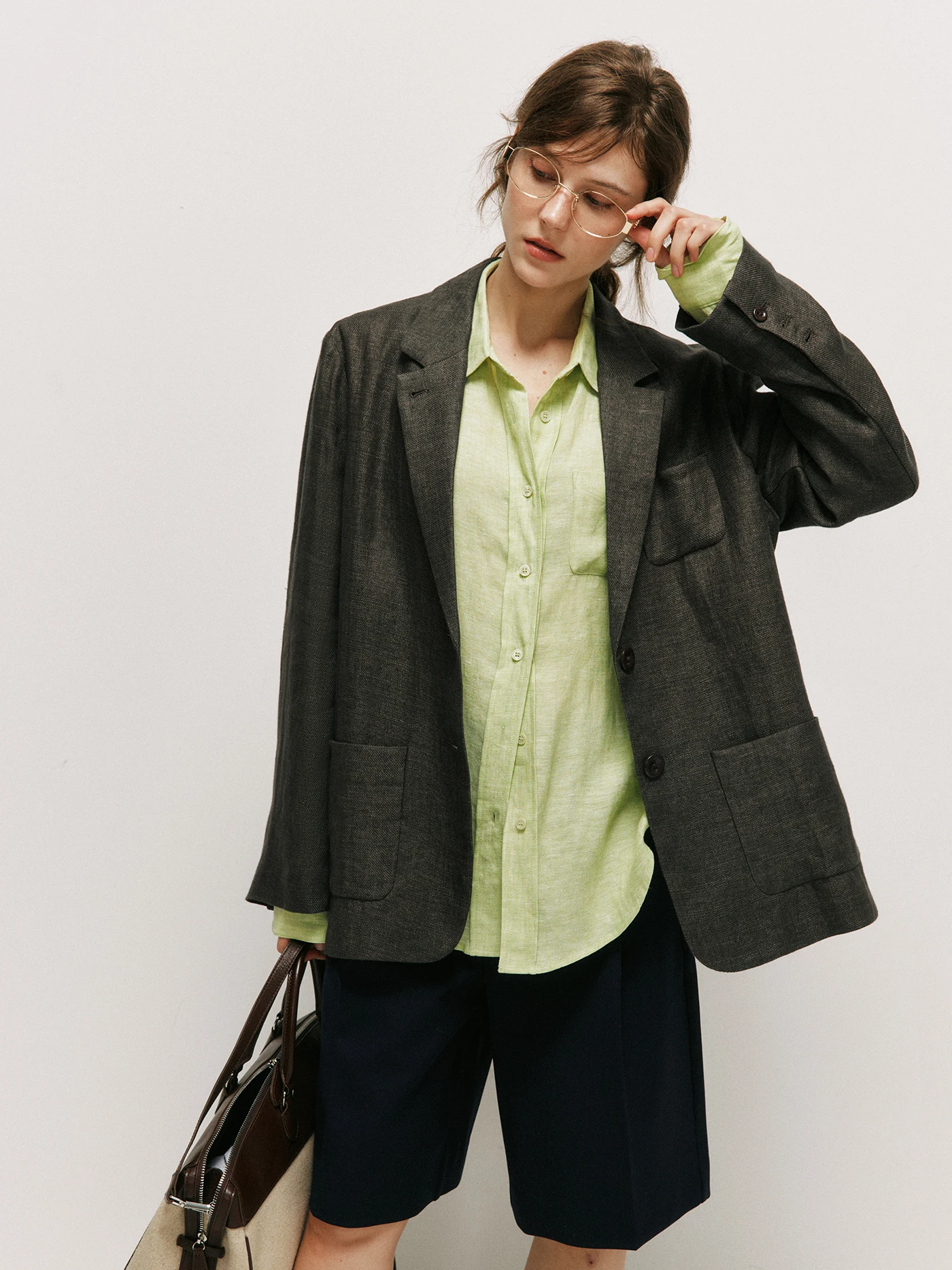

Casual Linen Wide Leg Suit Jaet Women's Breathable Long Sve Flip Collar Straight Cut Loose Fit Faionable Outerwear