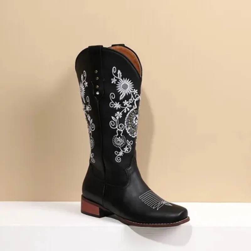 Flower Embroidery Ethnic Bohemian Style Square Chunky Med Heels Mid-calf Cowboy Shoes Women Winter Wide Calves Cowgirl Boots