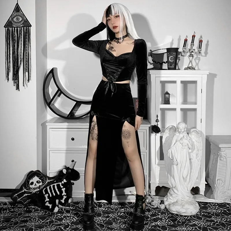 Vintage Black Velvet Split Maxi Skirts Aesthetic Sexy High Waist Bow Bodycon Long Skirt Elegant Girl Punk Partywear Clothes COS