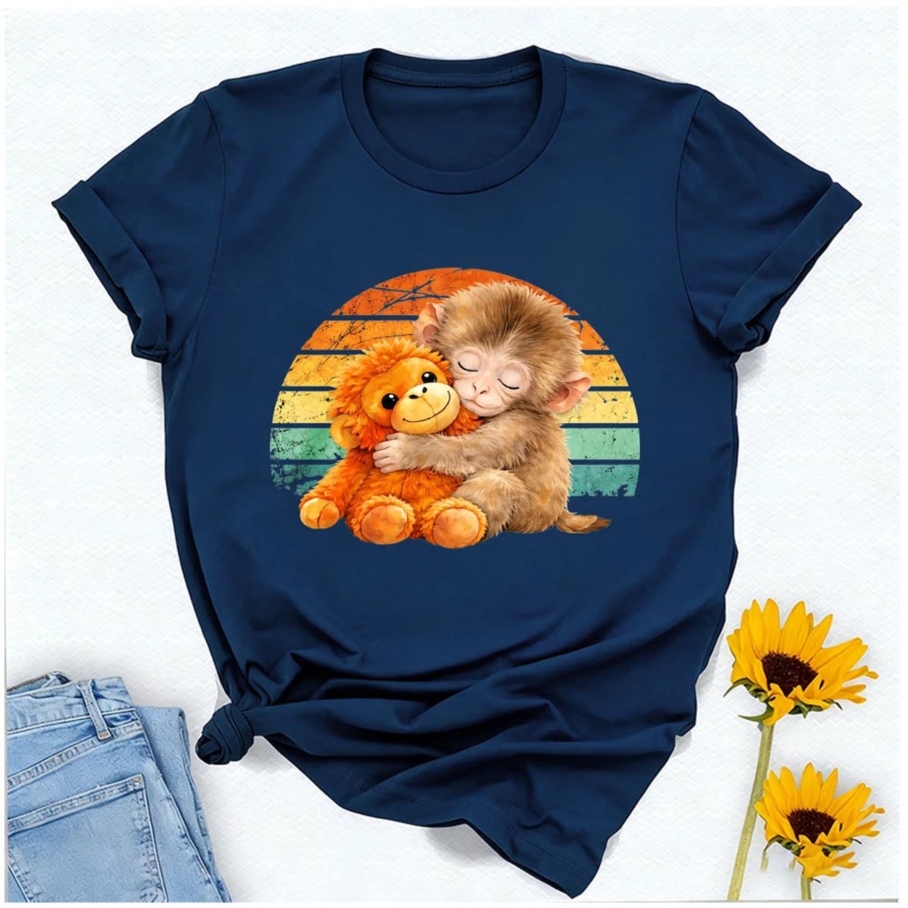 Team Punch Monkey T-Shirt Baby Monkey Plush Toy Retro Sunset Graphic Tee Viral Meme Gift for Animal Lovers Cotton Short Sleeve