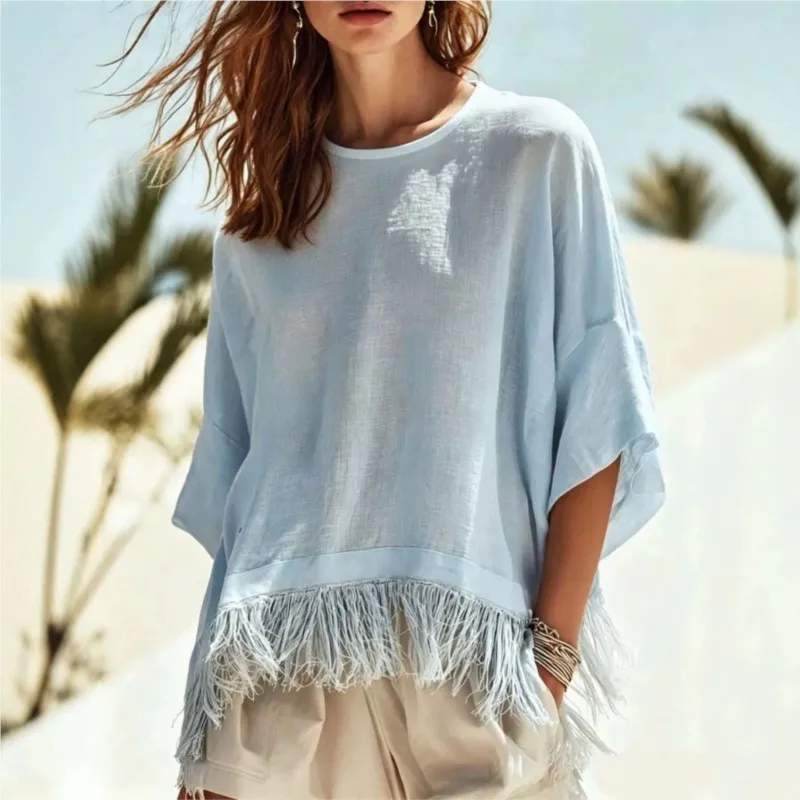 2026 New Women's Blouse Fall Winter New Fashion Casual O Neck Tassel Top T-shirt Mid-sleeve Streetwear Pullover Women Vintage