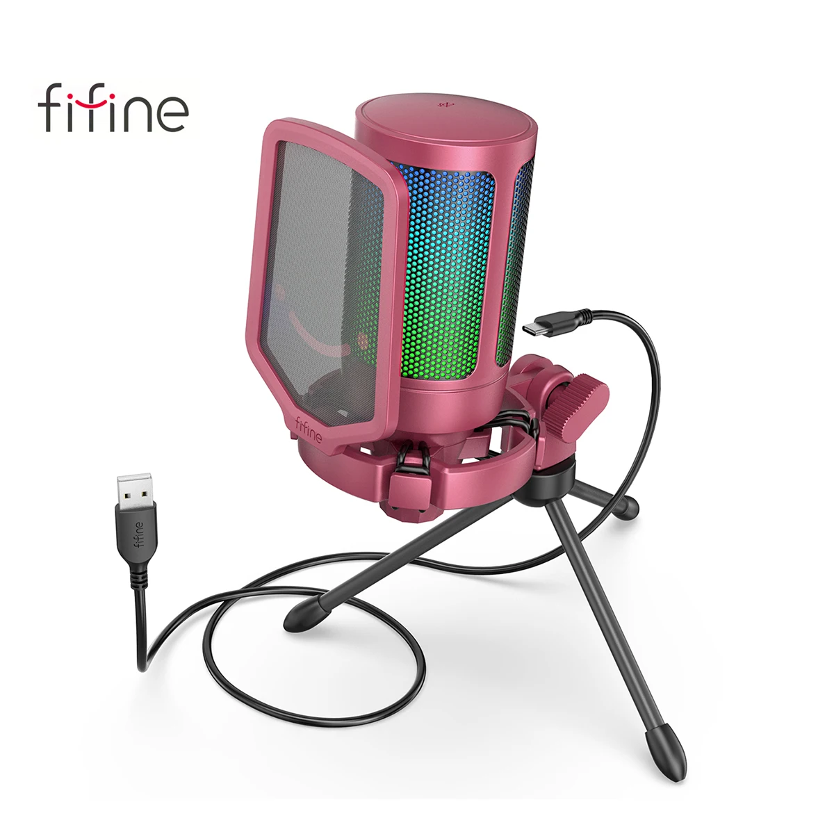 FIFINE USB Gaming พร้อมไมโครโฟนสำหรับ PC สำหรับ Streaming Podcasts,ampliGame RGB คอมพิวเตอร์คอนเดนเซอร์เดสก์ท็อปไมโครโฟนสำหรับสตูดิโอ/วิดีโอ-สีชมพู