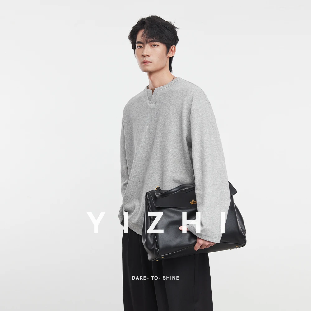 Fashion Men's Old Money Style Henley Collar Knit Top 2025 Spring Autumn New Heavy Design Long Sleeve Bottom Shirt Men's Pullover