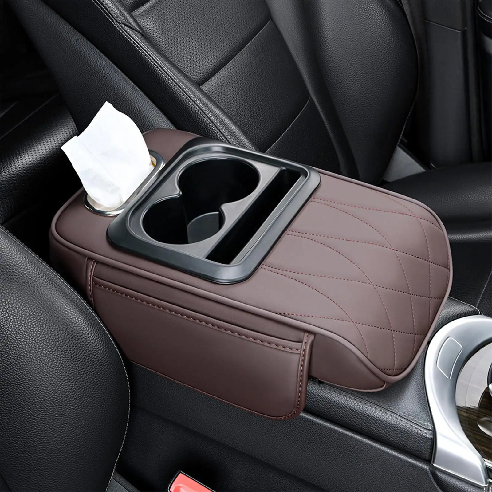 

Car Armrest Storage Box Ergonomic Box Cushion Car Center Console Cover With Cup Holder Tissue Box Phone Slot Side Storage Bag