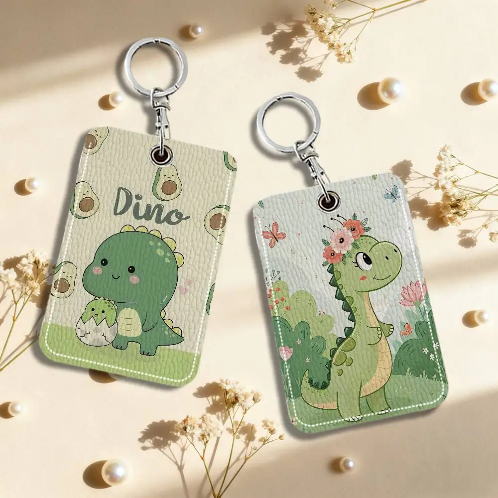 

Cute Green Dinosaur Card Holder Leather Card Storage Box Key Chain Access Tag Holder ID Card Holder Key Chain