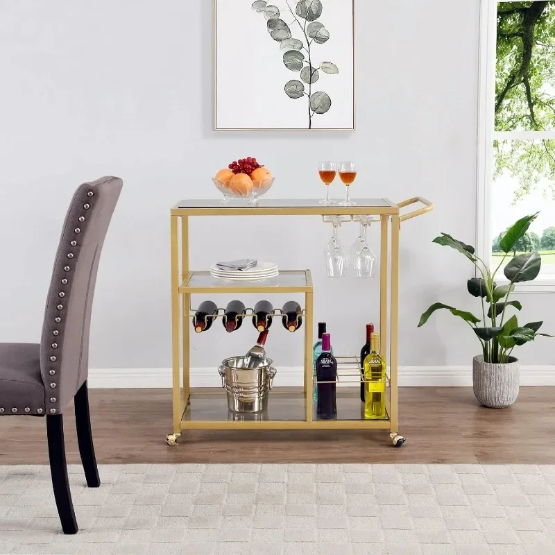 Rolling Bar Carts Gold with Wheels,Home Bar Serving Cart with Glass Wine Holders 3 Tier for Kitchen Home, Party,Dining Room