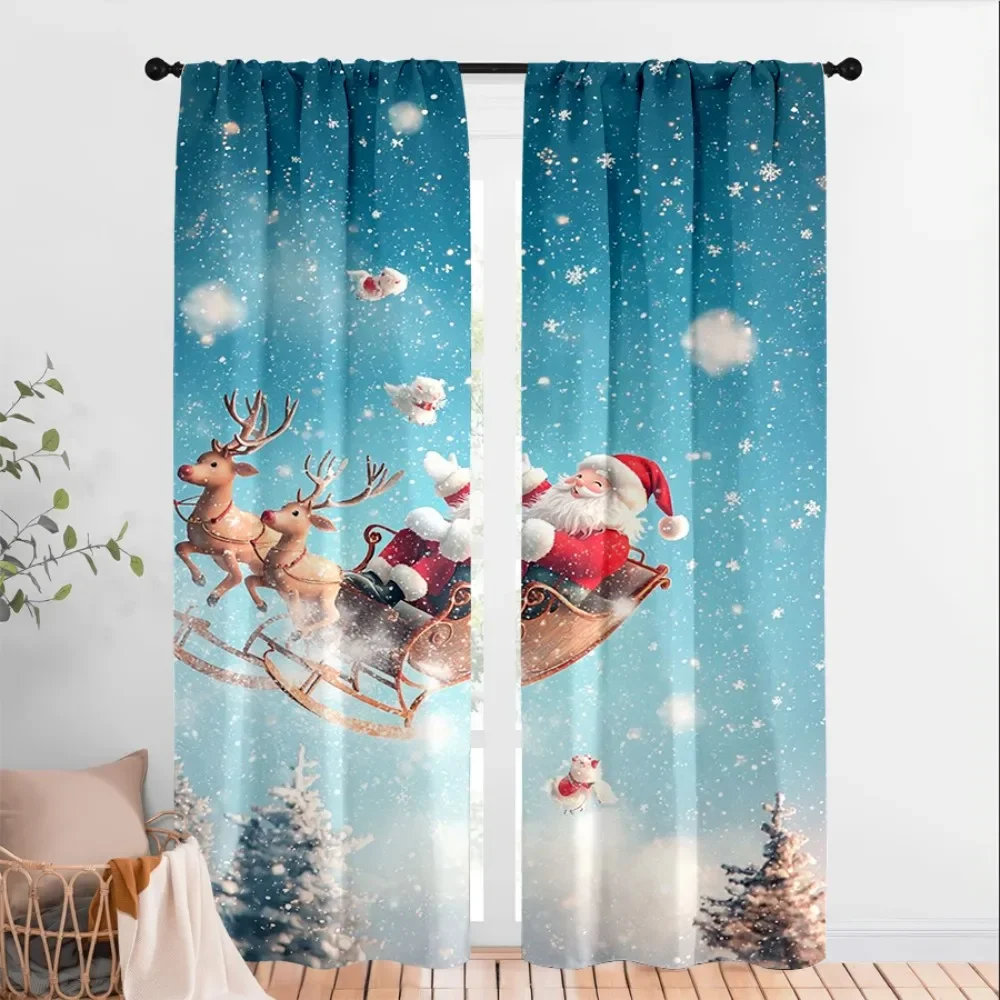 2PCS Digital Print Curtains, Santa Sleigh Reindeer Snow Night Pattern, Classic Christmas Style for Xmas Holiday Home Decor