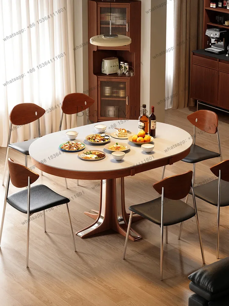 

12Medieval rock slab retractable dining table round solid wood French small apartment round table