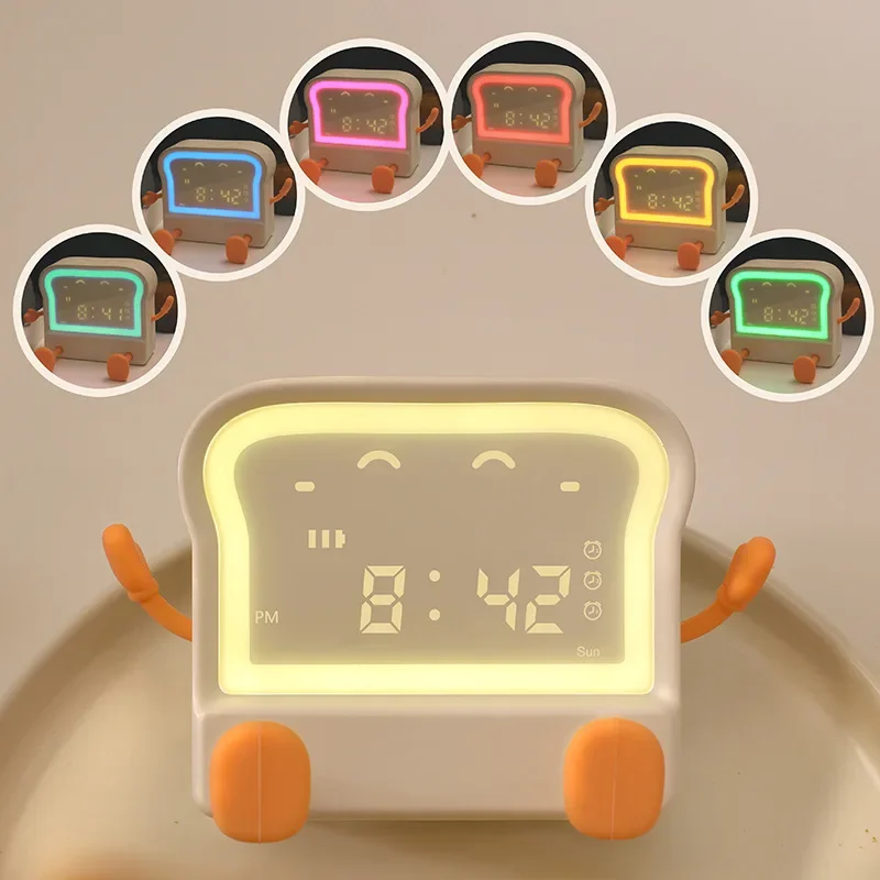 

Cartoon Toast Alarm Clock with Colourful Night Lights, Alarm Clock with Calendar Night Light Kitchen Timer Kids Bedside Snooze F