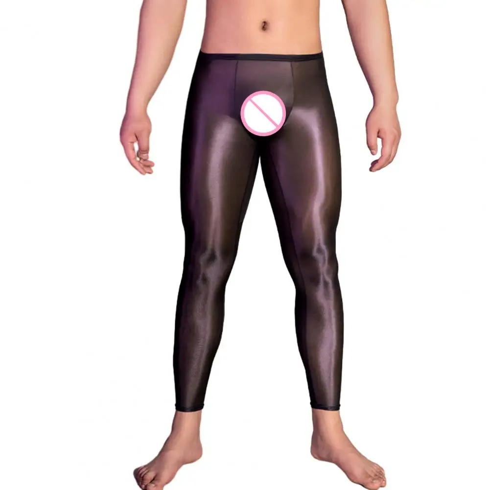 Men Sexy Long Pants See-Through Oil Glossy thin Stretchy Leggings Shiny Ice Silky Thermal Underwear Bottom Skinny Pants