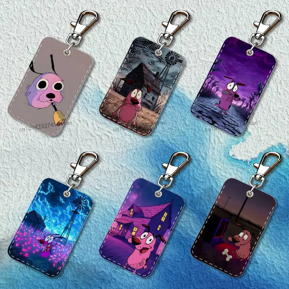 

court the C-Cowardly Dog Rectangle Access Card Case Leather Card Holder Keychain Key Ring Transportation Card Case