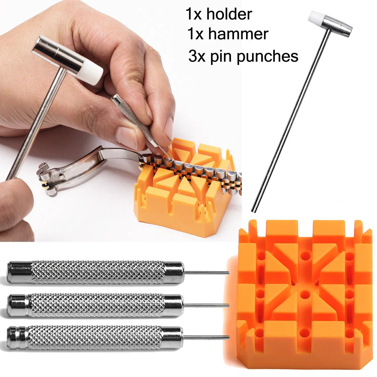 Set of 5PCS Watchmaker Tool Watch Strap Link Remover Repair Tool Kit Watch Band Pin Punch Hammer Bracelet Holder Adjust Punching 