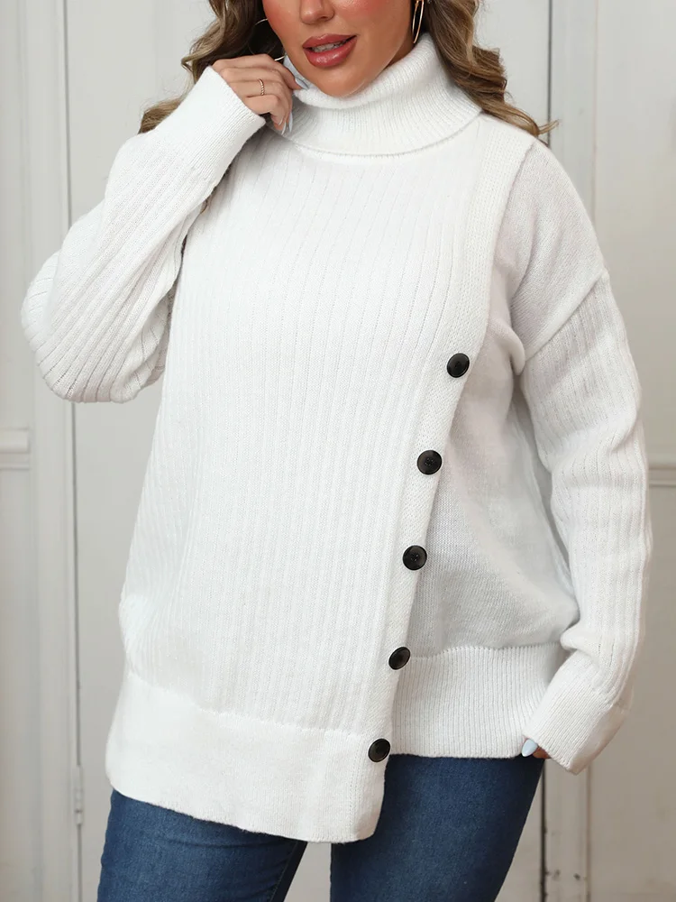 GIBSIE Maglione dolcevita da donna taglie forti Autunno Inverno Bottone con spalla cadente Pullover caldo casual Maglione lavorato a maglia bianco femminile