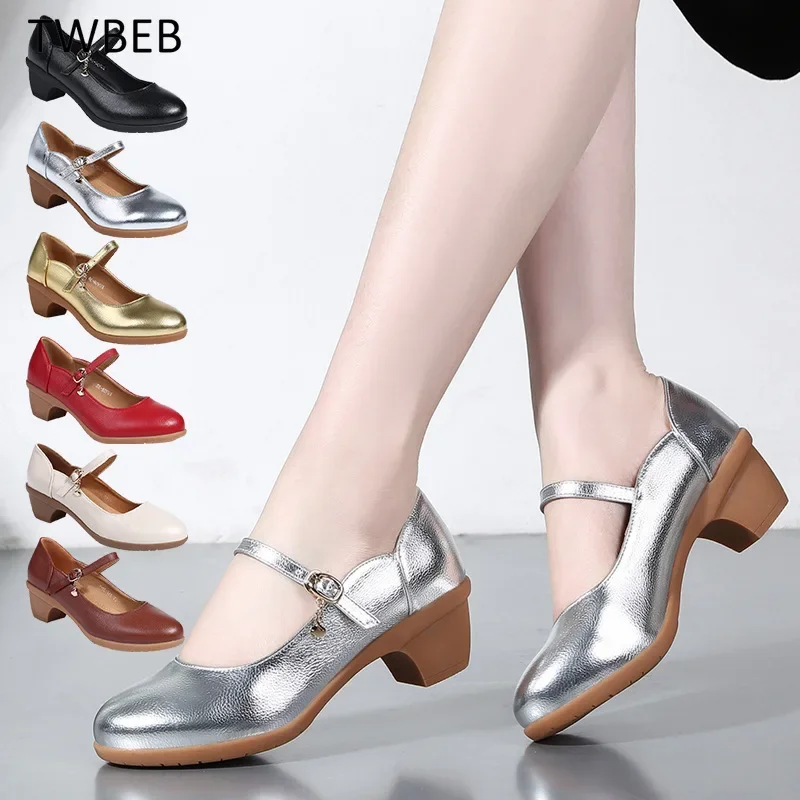 fashion women square heel dancing shoes ankle strap Mary Jane round toe comfortable ladies dancing party work wedding