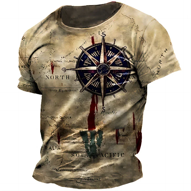 Vintage Men Clothing Nautical Map Compass Graphic T Shirts Summer Casual Short Sleeve Tops Tees Unisex Clothing Apparel