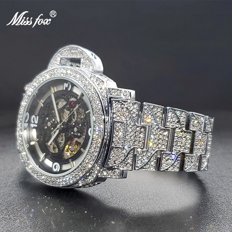 Mechanical Watch For Men Diamond Iced Hip Hop Automatic Watches Big Wrist Skeleton Movement Wristwatches Unique Dropshipping