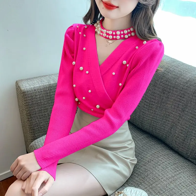 ニットセーター女性のためのホルターネック滑らかな和風韓国ファッション暖かいライト Y2k ヴィンテージトップビーズ女性プルオーバー