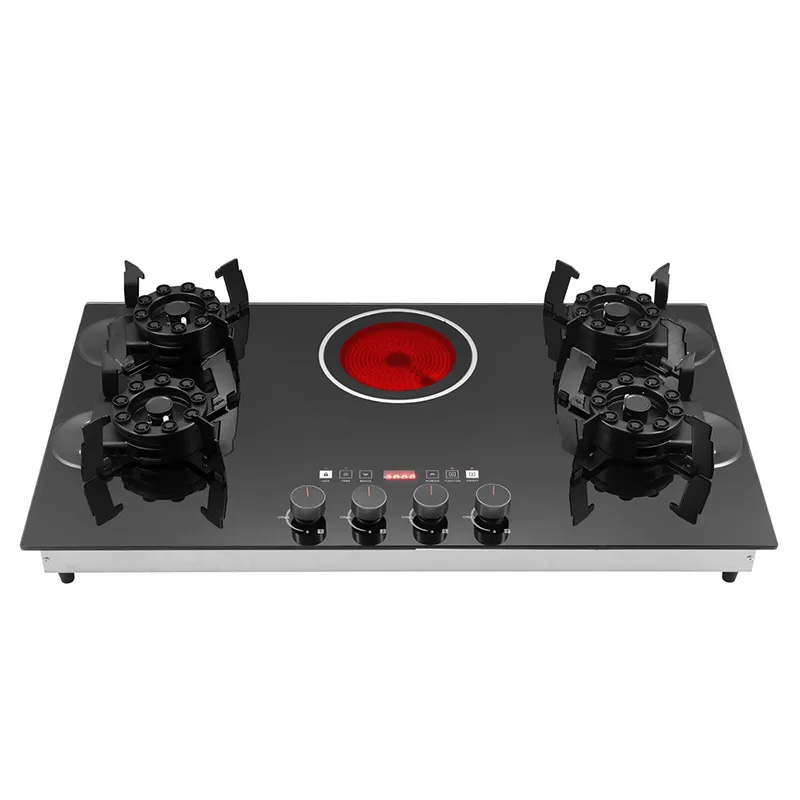 5 Burners Built-in Gas & Electric Cooktop with 4 Gas + 1 Ceramic Hot Plate Tempered Glass Kitchen Stove with Knob Control