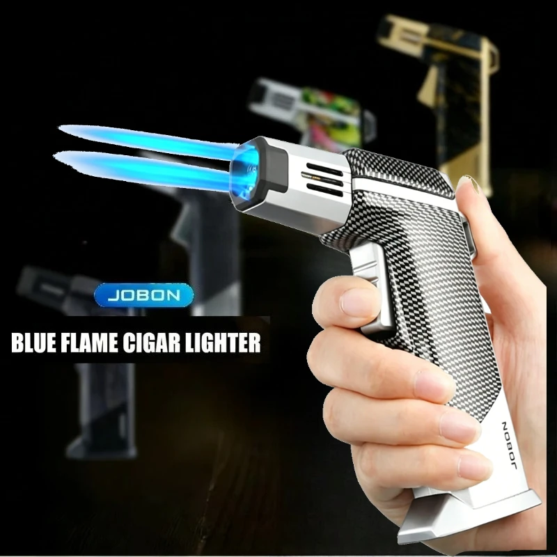 JOBON 4 Jet Blue Flame Torch Lighter, Adjustable Windproof Butane Lighter with One-Touch Lock, for Cigars, BBQ and Outdoor Use