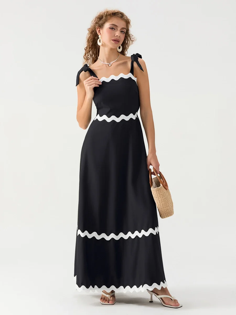 

Women’s Tied Shoulder Straps Party Long Dress Summer Elegant Sleeveless Wavy Stripe Trim A-Line Dress Flowy Dress