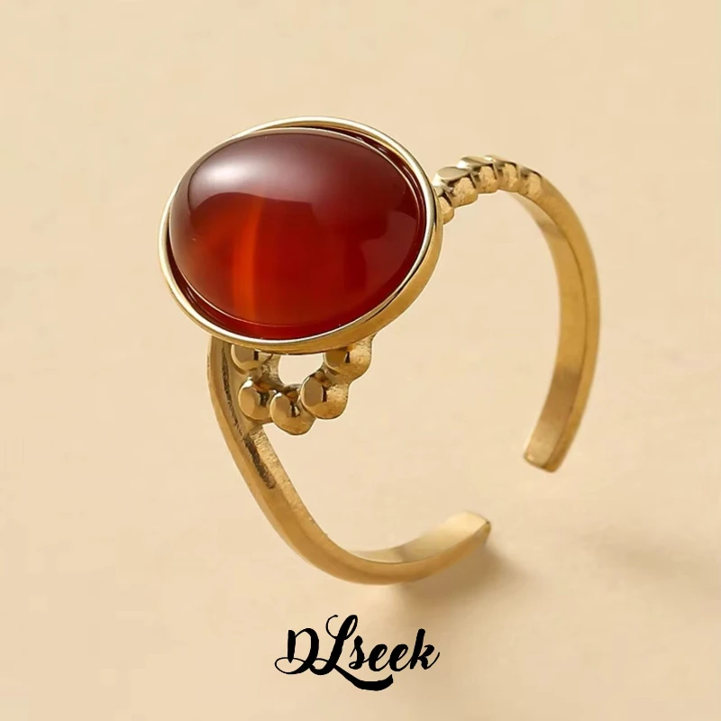 

DLseek Boho Vintage Red Oval Natural Stone Opening Adjustable Rings for Women 14K Gold Plated Stainless Steel Ring Jewelry Gifts