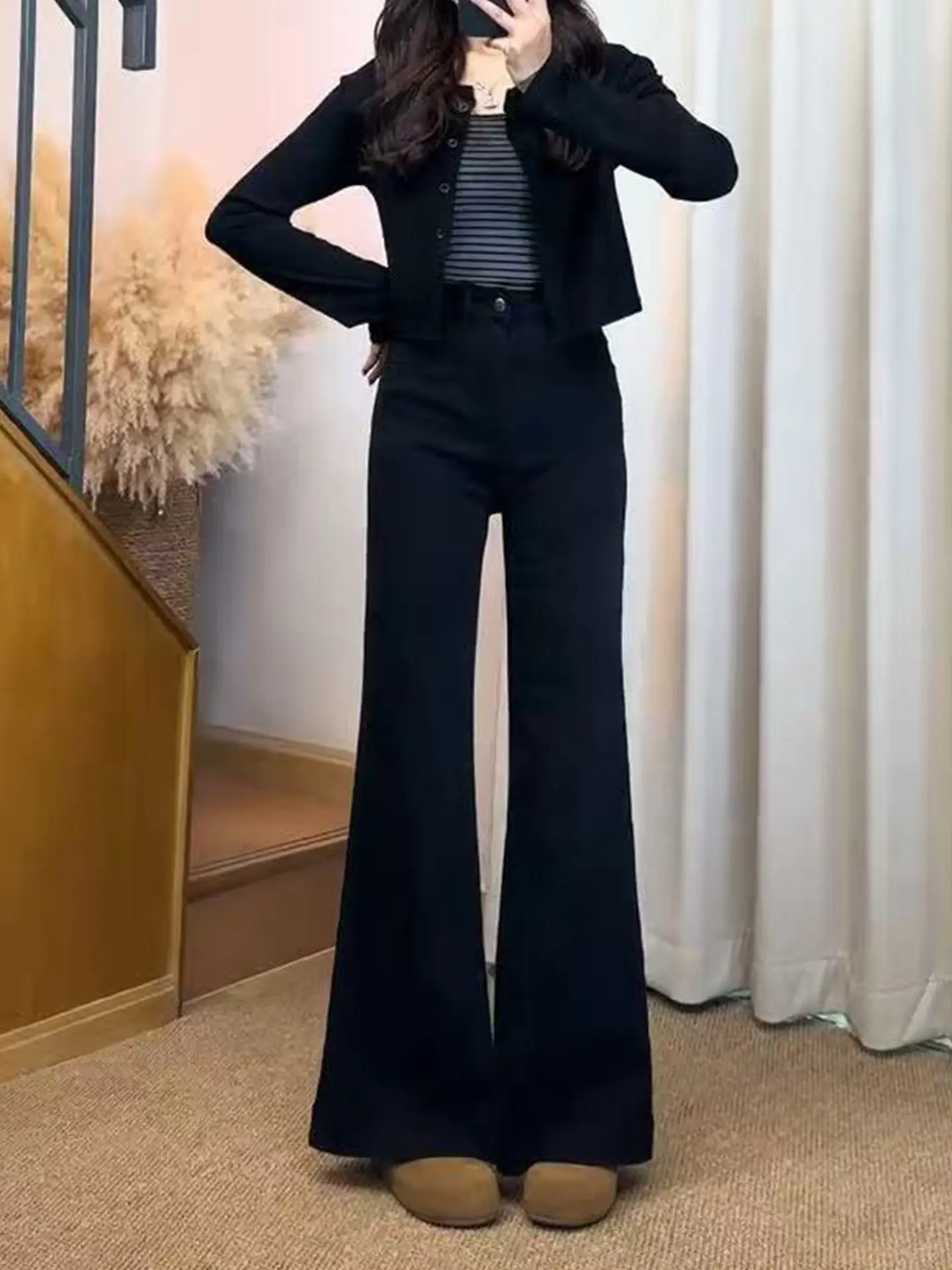 

Black Bell Bottom Jeans Women's Autumn New Large Size Small Height High Waist Loose Slimming Wide Leg Flared Pants