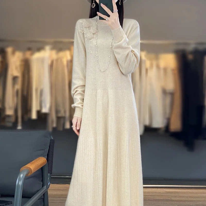 

Women's 100% Cashmere and Wool Knitting Dress, Length-keen, Warm, Best Quality, Female Dress, New Fashion, Winter, NJ01, 2023