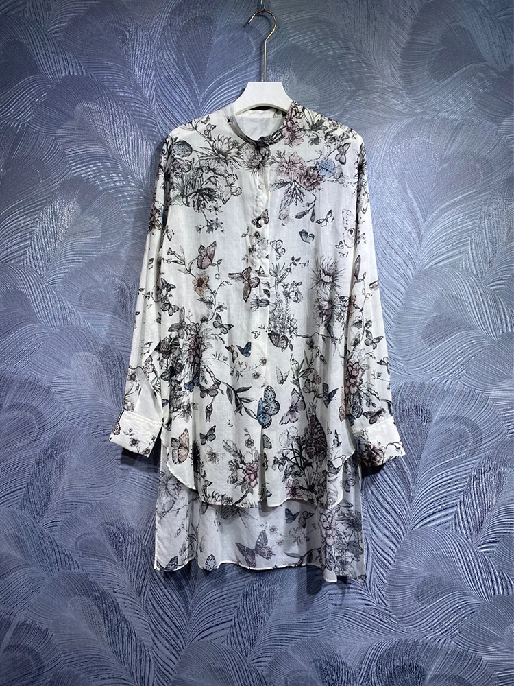 Women's Asymmetrical Stand Collar Blouses, 100% Cotton, Single Breasted, Butterfly, Flower Printing, Spring, Autumn