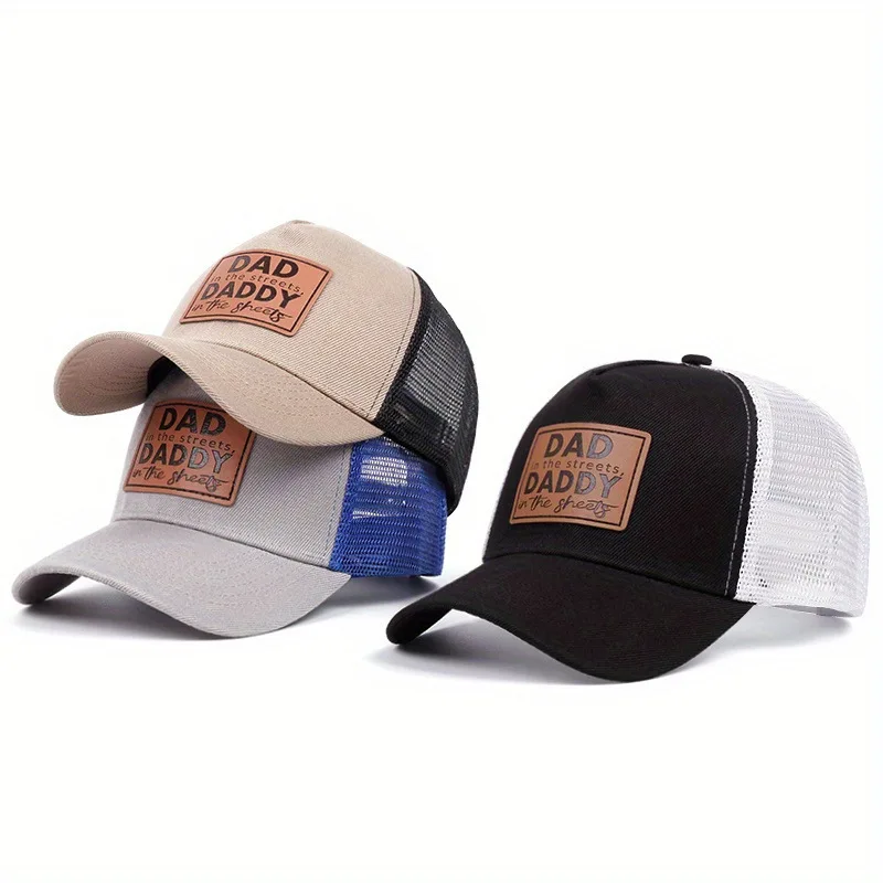 

Mesh Trucker Baseball Cap Leather Label With DAD DADDY Letter Outdoor Mesh Cap Snapback Hat Structured Front Panel