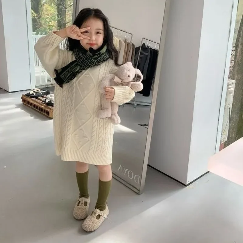 Trendy Korean Style Thickened Plaid Knit Dress for Girls Winter Autumn Versatile Child's Crew Neck Sweater Outfit