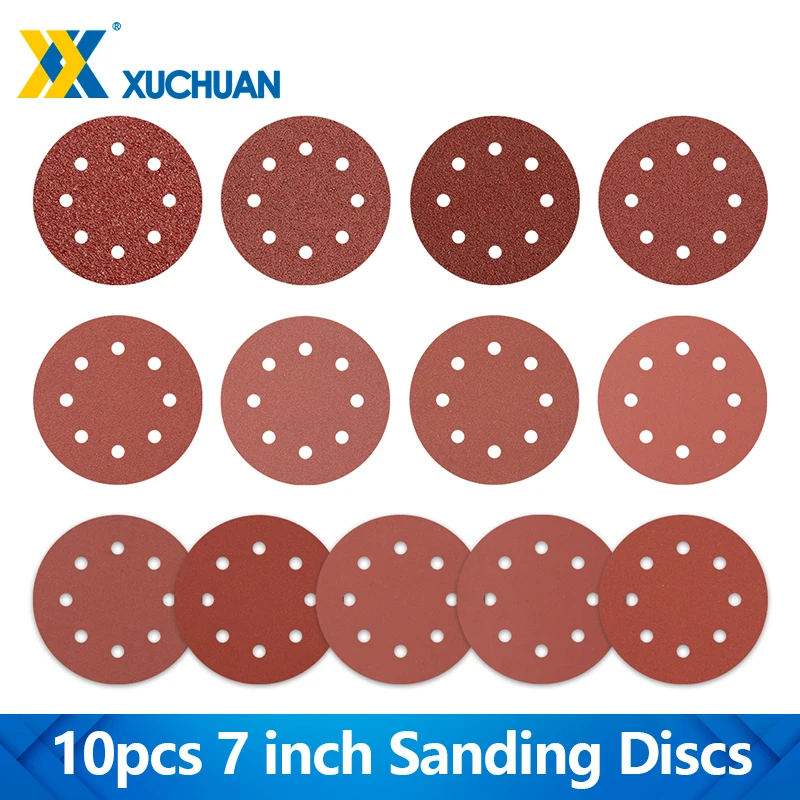 7 Inch 180mm Sanding Discs 10PCS Sandpaper Hook and Loop Abrasive Paper Assorted 40-1000 Grits for Sanding Polishing