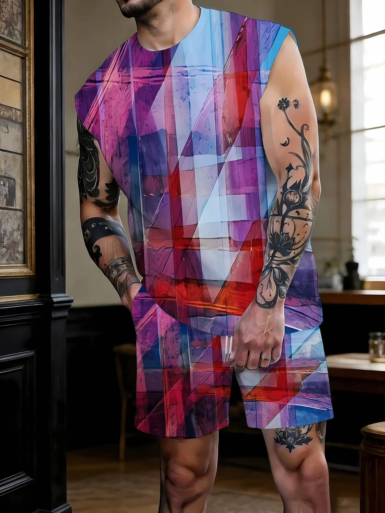 

Men's Solid Color Tank Top and Shorts Set Comfortable Polyester Lounge Set Casual Streetwear True to Size