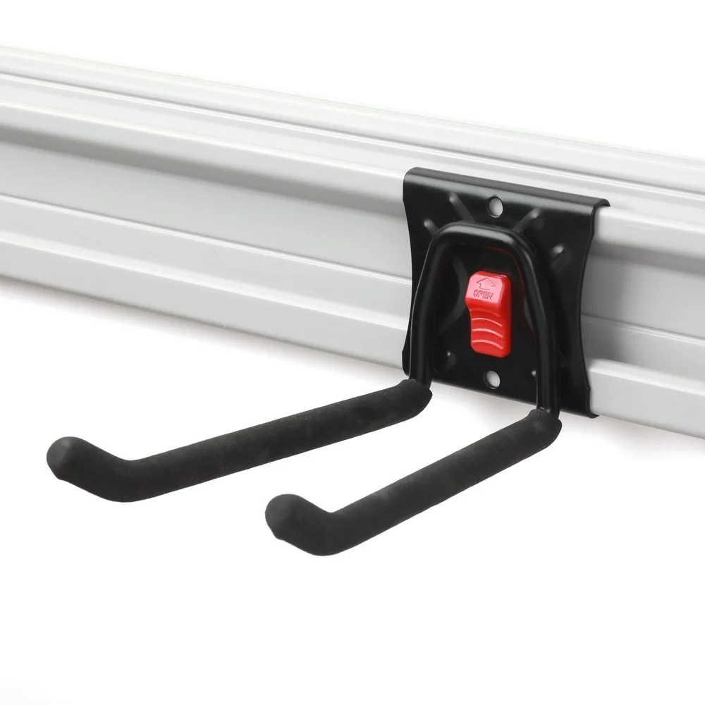 Sistema de riel organizador de montaje en pared con gancho recto de acero de liberación rápida de 6 pulgadas, herramientas de garaje y soluciones de almacenamiento