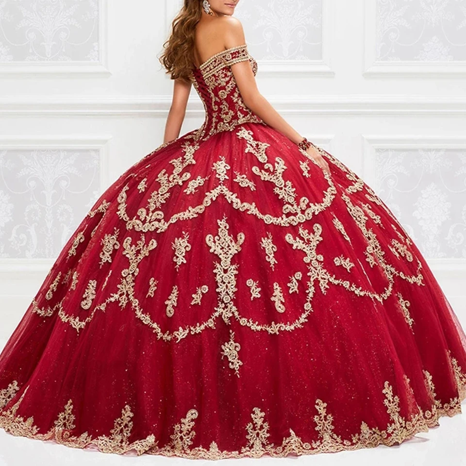 Abiti Quinceanera bordeaux Abito da ballo per festa di compleanno Tulle con spalle scoperte Appliques Glitter Robes De Soirée 2025 Abito da ballo