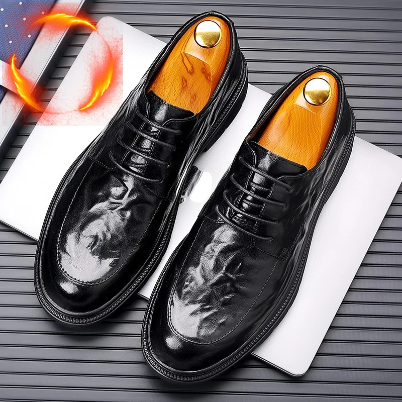

Designer Men's Dress Shoes Plush Business Mens Leather Shoes Lace Up Plus Size Wedding Shoe Fashion Keep Warm Men Shoes Winter