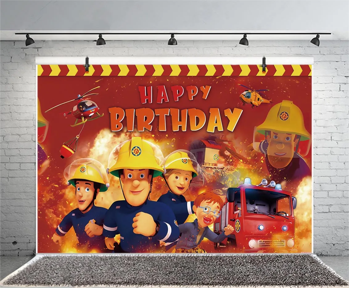 Fireman Sam Backdrop Birthday Party Decorations Banner for Kids Boy Fire Truck Firefighter Sammy Movie Cartoon Figure Background