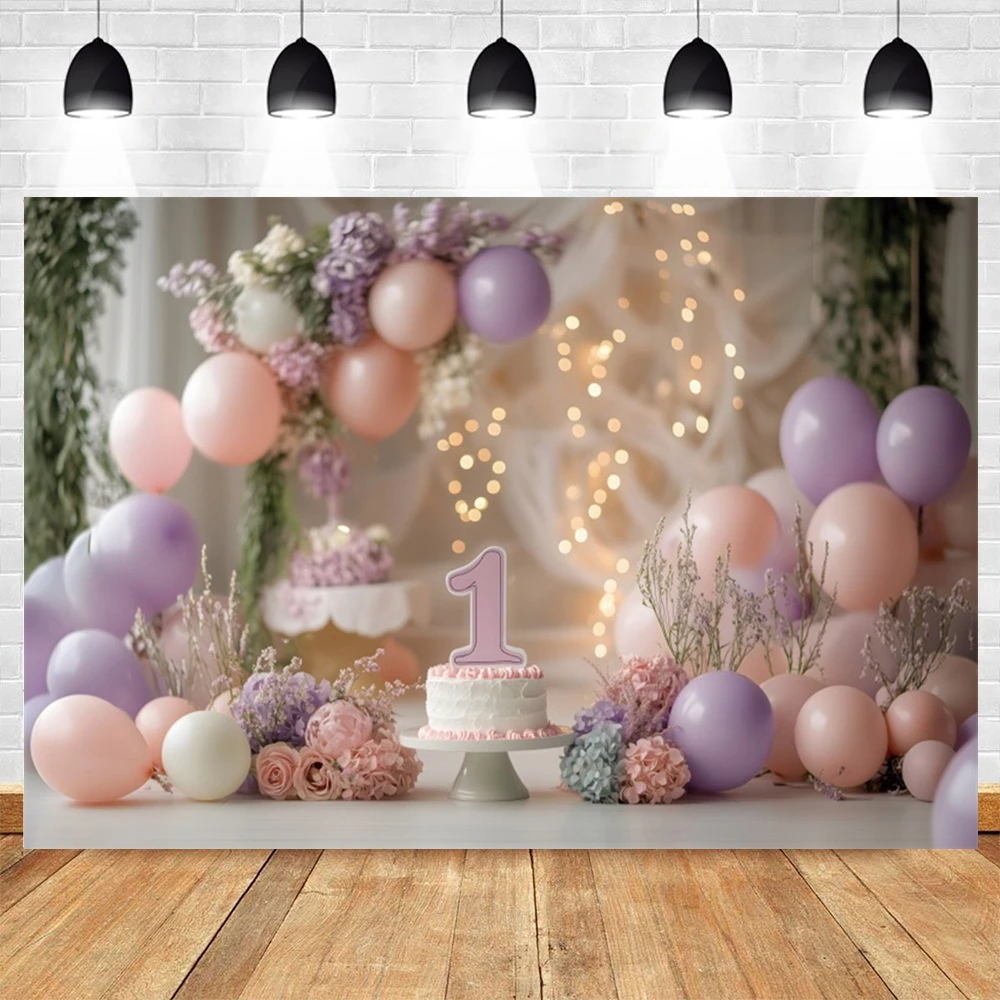 1st Birthday Photography Backdrop for Baby Girl Pink Gold Princess Theme Party Decoration Balloons Floral Photo Booth Background