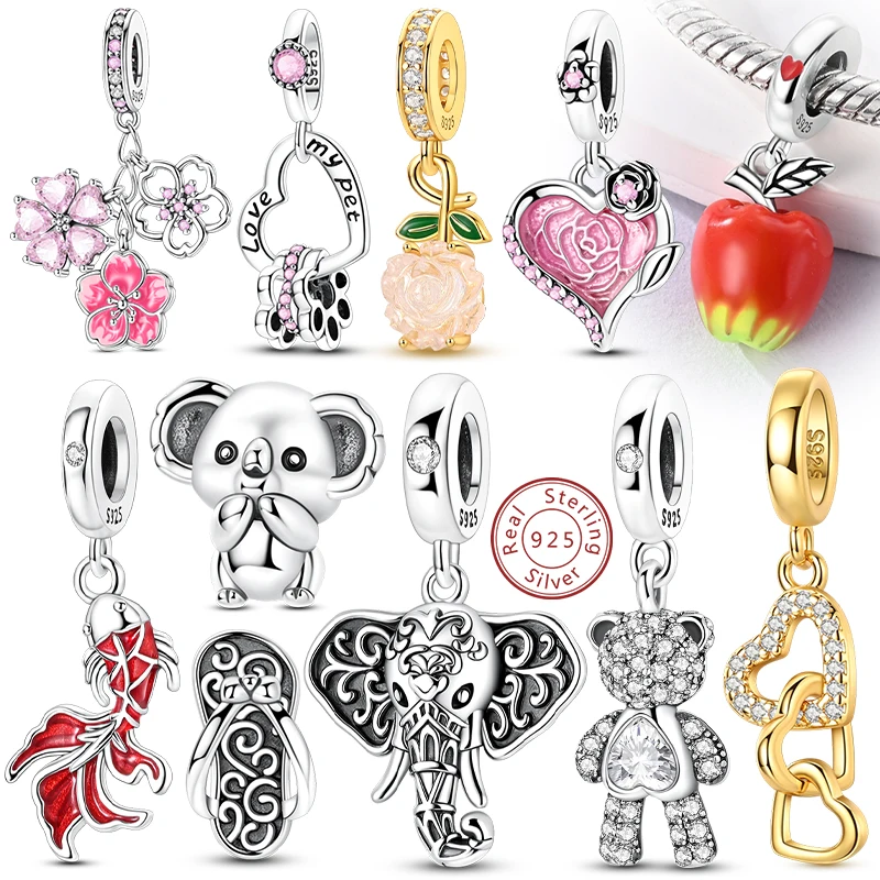 

Подвески из стерлингового серебра 925, блестящая любовь, медведь, слон, яблоко, вишня, роза, подвески, бусины, подходят для оригинального браслета, кулон, женские ювелирные изделия