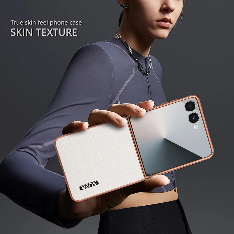 เคสหนังลายจระเข้ 3 มิติ หรูหรา AZNS สำหรับ Galaxy Z Flip 7 Flip 6 Flip 5 Flip 4 Flip 7 FE พร้อมขอบกันกระแทกชุบ