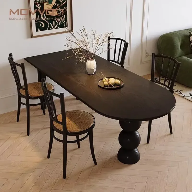 

High-Class Antique Solid Wood Dining Table Chair Set Oval Shape for Small Apartments and Home Furnishings