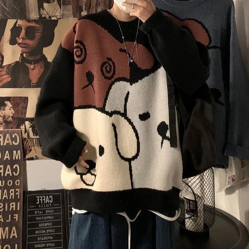 Sweater Men Loose Autumn and Winter Japanese Retro Cartoon Male Bottoming Shirt Fashion Casual Harajuku Knitted Pullover Sweater