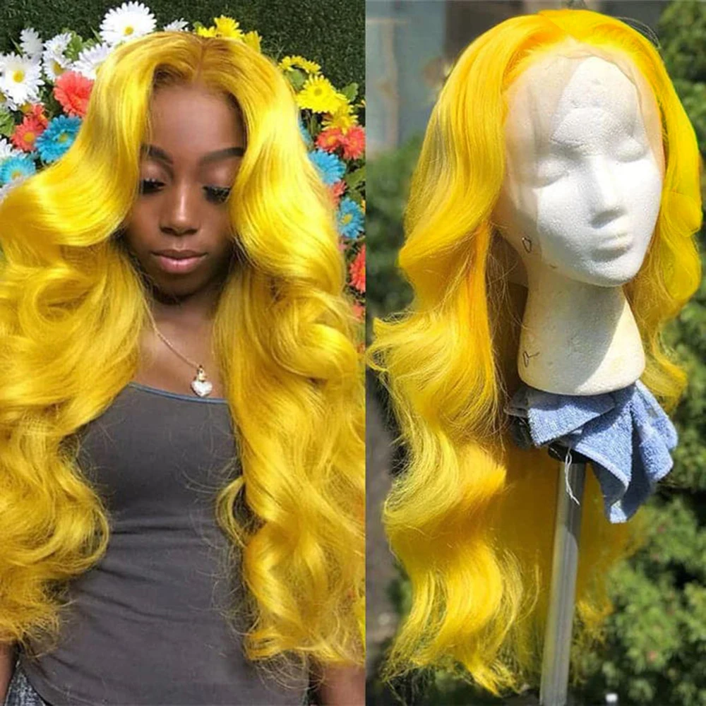 RONGDUOYI Bright Yellow Synthetic Body Wave Lace Front Wig For Women Used Heat Resistant Fiber Lace Wig Natural Hairline