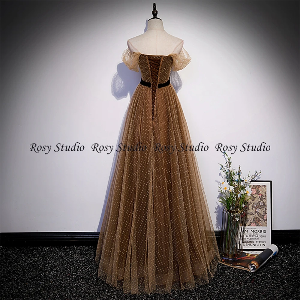 Unique Brown Evening Dresses Long Off Shoulder Corset back Polka dot Prom Gown A-Line Wedding Party Dress Robe de Soiree