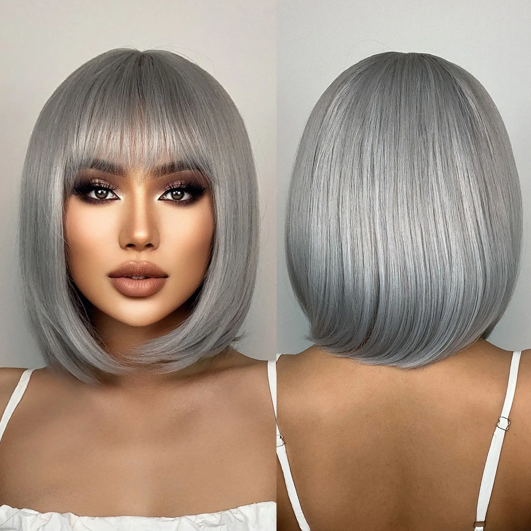 

Silver Gray Short Bob Straight Ombre Synthetic Wigs For Women Afro Heat Resistant Cosplay For Daily Use