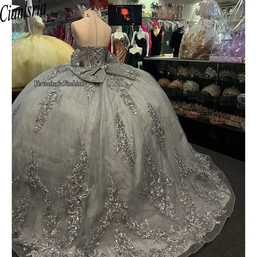 Vestidos quinceanera cinza flores 3d miçangas rendas apliques vestidos de 15 anos festa de aniversário princesa